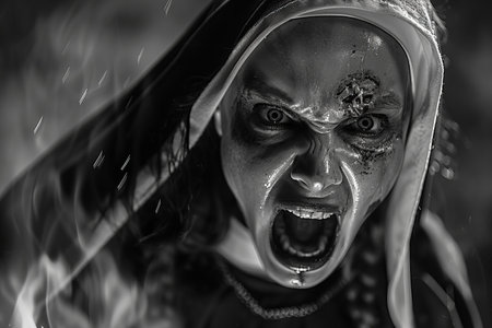 Portrait of a scary zombie woman. Black and white photo.の写真素材