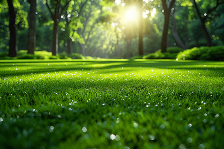 Green grass with sunlight in the public park. Beautiful nature background.の写真素材
