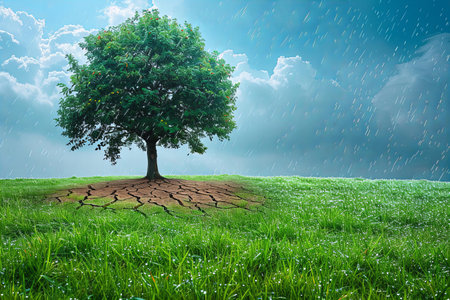 Tree in the rain with grass and blue sky background. 3d renderingの写真素材
