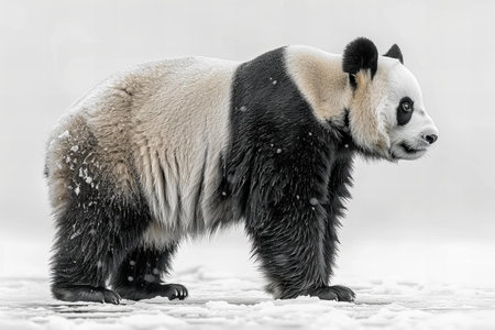 Giant panda bear (Ailuropoda melanoleuca) in the snowの写真素材