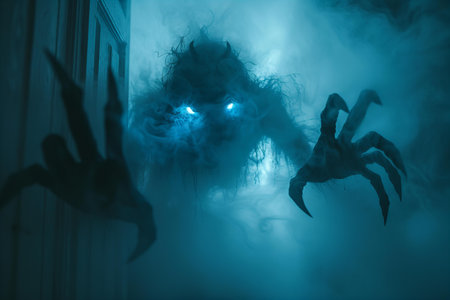 Scary ghost in the dark with blue light. Halloween concept.