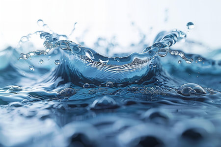 Water splash with ripples and drops of water on a blue background