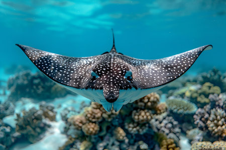 Manta ray swimming over coral reef, Maldives, Indian Oceanの写真素材