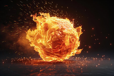 Flaming fire ball on dark background. 3D rendering.