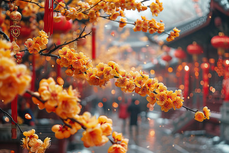 Chinese lanterns and plum blossoms in the streets of Beijing.の写真素材