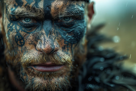 Close-up portrait of a man with a painted face in the rain.の写真素材