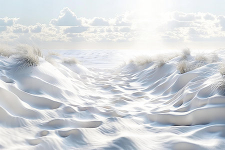 3D illustration of winter landscape with sea and sand dunes.の写真素材