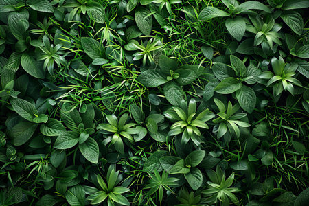 Green leaves background. Top view, flat lay. Nature concept.の写真素材