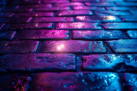 Raindrops on a cobblestone pavement in the city at night