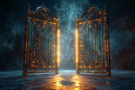 Black and gold gate with smoke on the background. 3d renderingの素材