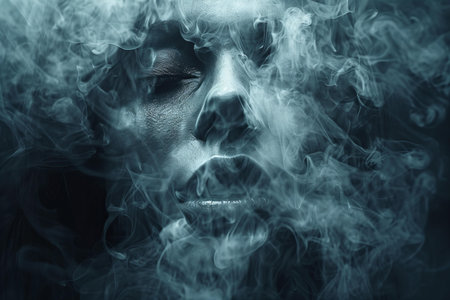 Close-up portrait of a beautiful woman with smoke on her faceの素材