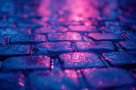 Rain drops on the cobblestone pavement. Abstract blurred background.の写真素材