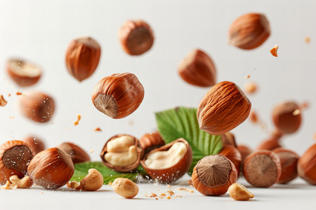 Flying hazelnuts with green leaves on white background, closeup