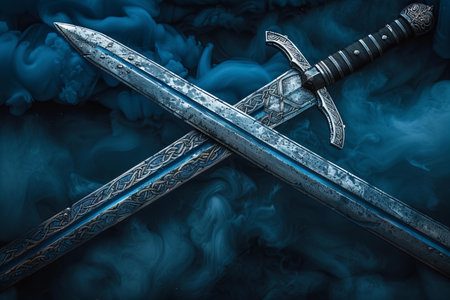 Two swords in the blue smoke on a dark background. Toned.