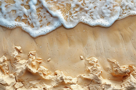 Beach sand with foam and waves close-up. Top view