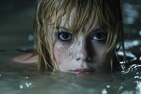 Close-up portrait of a girl with wet hair in the waterの写真素材