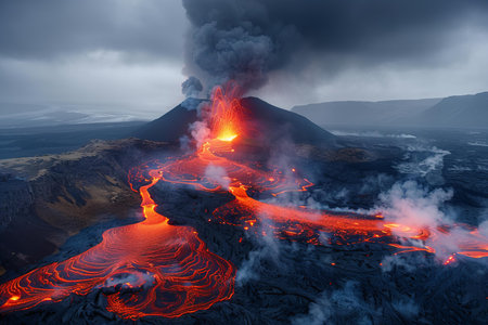 Volcano eruption in magma. 3d render of volcano eruption