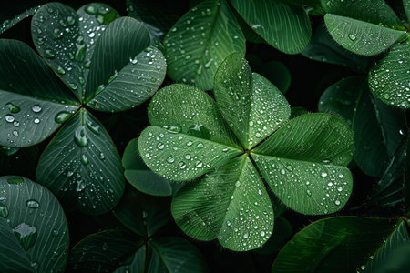 Green clover leaves with water drops. St. Patrick's day backgroundの写真素材
