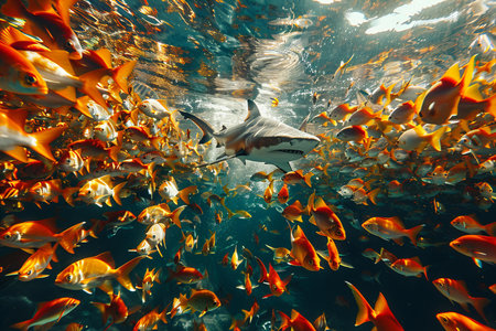 Coral reef with fish and shark. Underwater photo of Red Sea.の写真素材