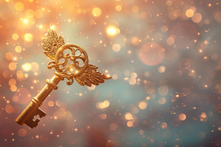 Golden key with wings on bokeh background, vintage style.の写真素材