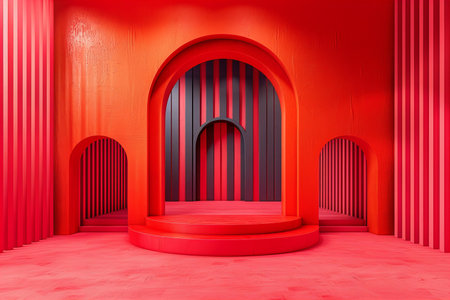 3d render, abstract background with red and black arch and red floor