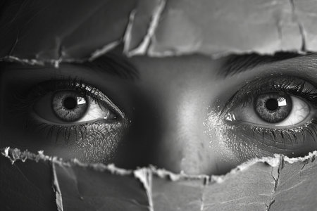 Close up portrait of a beautiful young woman looking through torn paper.の写真素材