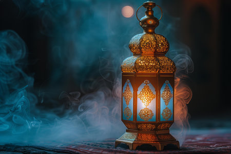 Beautiful oriental lantern on dark background with smoke. Ramadan Kareem backgroundの写真素材