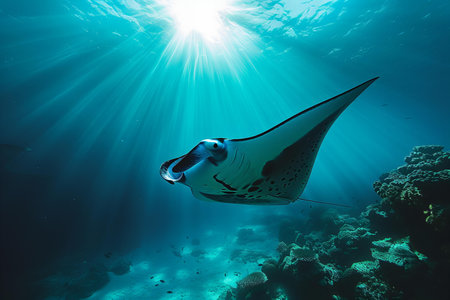 Manta ray swimming in the deep blue water of the Red Sea