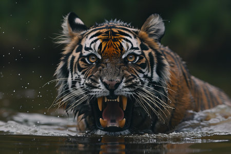 Sumatran Tiger swimming in the water. Panthera tigris sumatraeの写真素材