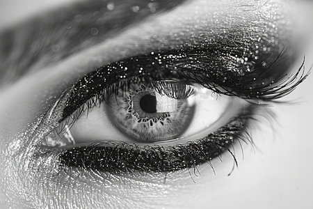 Close-up shot of beautiful woman's eye. Black and white photo.の写真素材