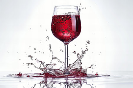 red wine splashing out of a glass, isolated on white backgroundの写真素材