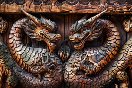 Wooden dragon carving on the wall of a temple in Thailand.の写真素材