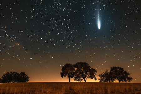 Night sky with stars and a milky way over the oak groveの写真素材
