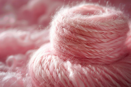 Pink wool yarn on a soft pink background close-up macro photographyの写真素材