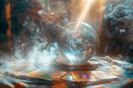 Magic crystal ball with magic cards on the table. Magic occult background.の写真素材