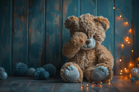 Teddy bear with christmas lights on wooden background. Toned.の写真素材