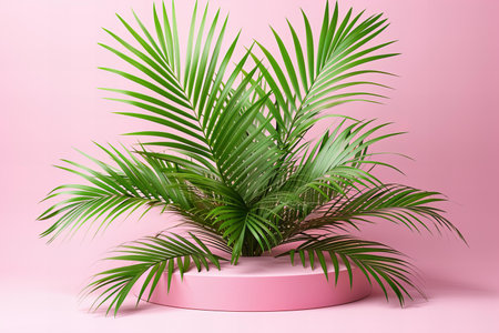 Podium with palm leaves on pink background. 3d render.の写真素材