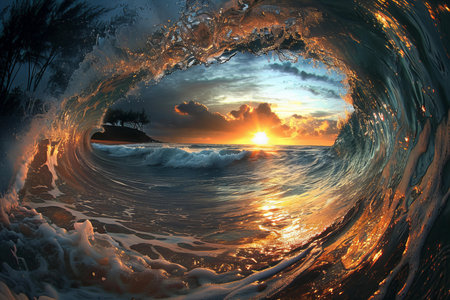A wave in the ocean at sunset.の写真素材
