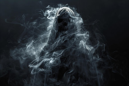 Scary ghost in white smoke on black background. Halloween concept.