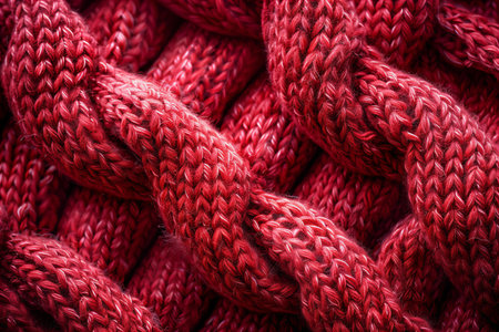 Red wool knitted fabric as a background. Close-up.
