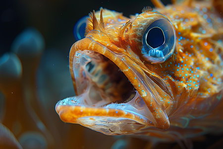 A close up of the head of a fish in the sea.の写真素材