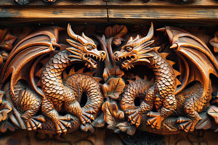 Wooden carved dragon on the wall of an old wooden house.の写真素材