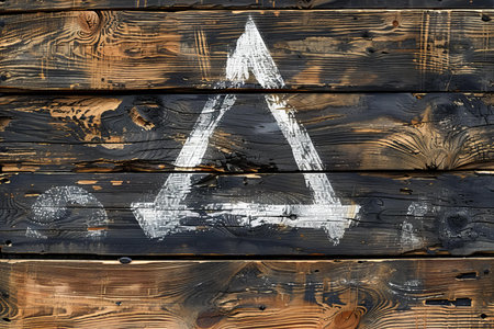 Old wooden wall with a painted arrow as a symbol of the directionの写真素材