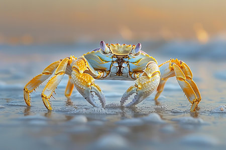 Close-up of a blue crab walking on the beach at sunset