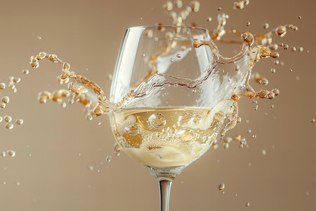 White wine splashing out of a glass on a beige backgroundの写真素材