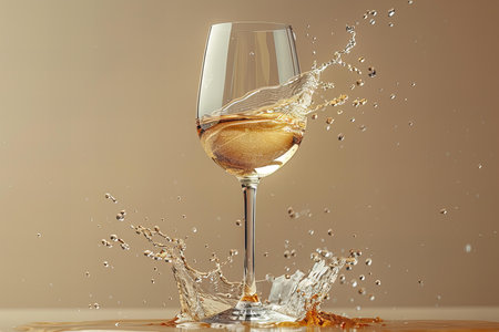 Glass of white wine with splashes and drops of water on a brown backgroundの写真素材