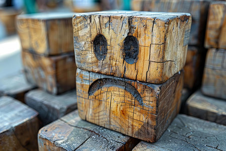 Wooden boxes for sale in the market, closeup of photoの写真素材