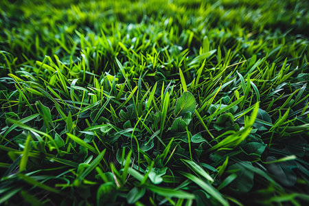 Green grass background with shallow depth of field and selective focus. Close-up.の写真素材