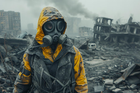 Portrait of a man in a gas mask and gas mask against the background of destroyed buildings
