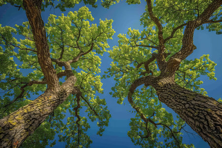 3d render of oak tree with green leaves on blue sky background